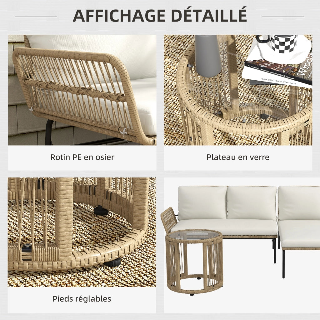 Divano Angolare Esterno 3 Posti con Poltrona e Tavolino ¨C Zephmum ¨C Resina Intrecciata Colore Crema