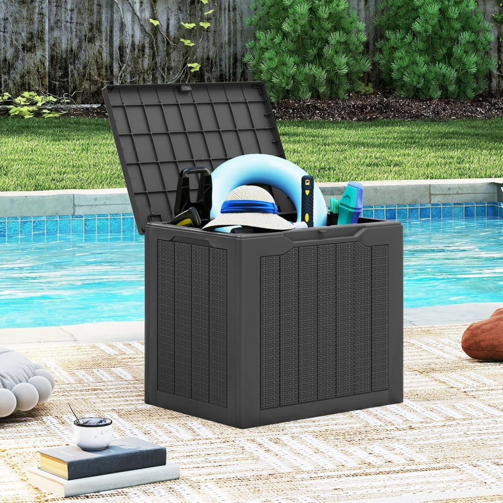 Contenitore da giardino con coperchio bloccabile, 106 l, con vano portaoggetti, per esterni, effetto rattan, per giardino, terrazza e piscina (nero)
