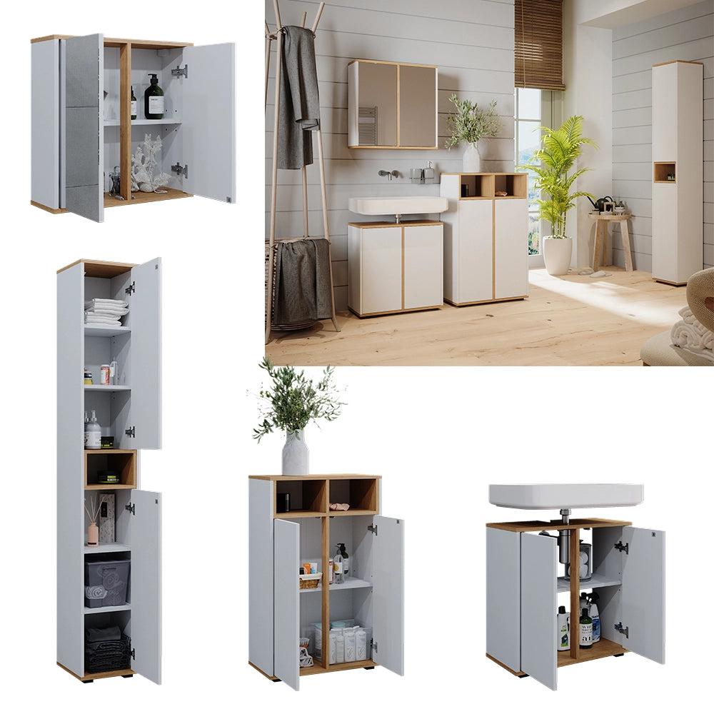 Vicco Set mobili bagno Bianco/Artisan 4 pezzi, con colonna e mobile midi con ante