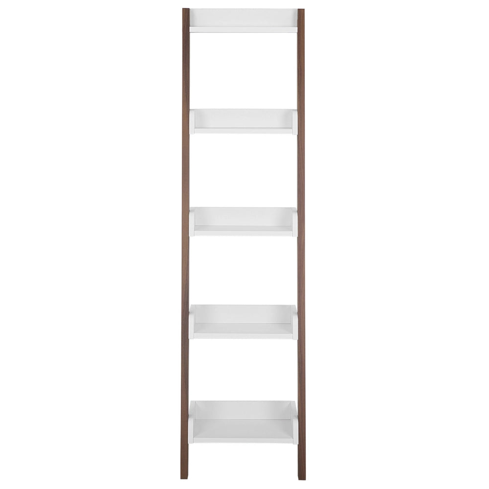 Libreria a 4 ripiani in legno scuro con espositore per libri bianco