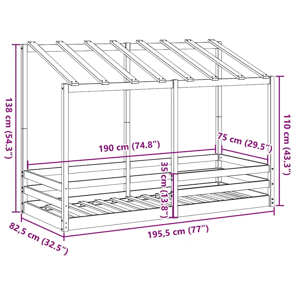 Letto per Bambini con Tetto 75x190 cm in Legno Massello di Pino