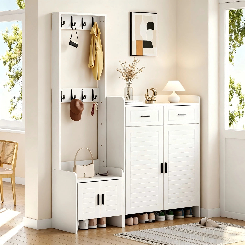 Mobile ingresso con 2 cassetti; 2 ante; 6 ripiani e 8 ganci; con vano aperto; per ingresso e corridoio; bianco; 125 Ã— 36 Ã— 165 cm