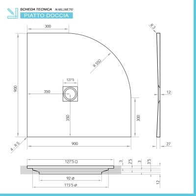Piatto doccia semicircolare 90x90 bianco riducibile su misura Ten