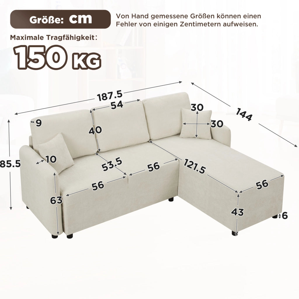 Divano angolare L 3 posti 187;5x144x85;5 cm in chenille beige chiaro con 2 cuscini