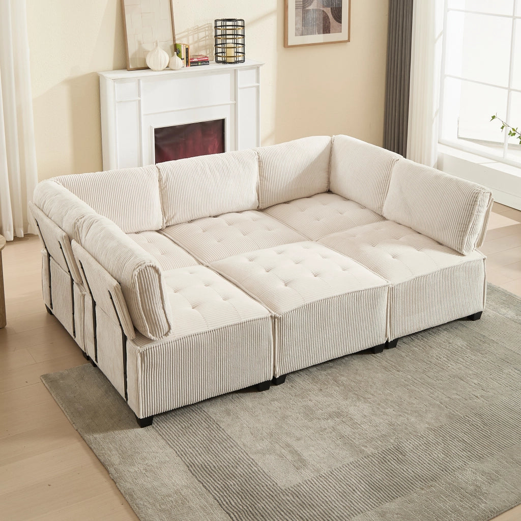 Divano Modulare 6 Posti con Tasche Laterali e Schienale Ergonomico; Convertibile a U o L; Struttura Legno Metallo in Velluto a Coste Beige