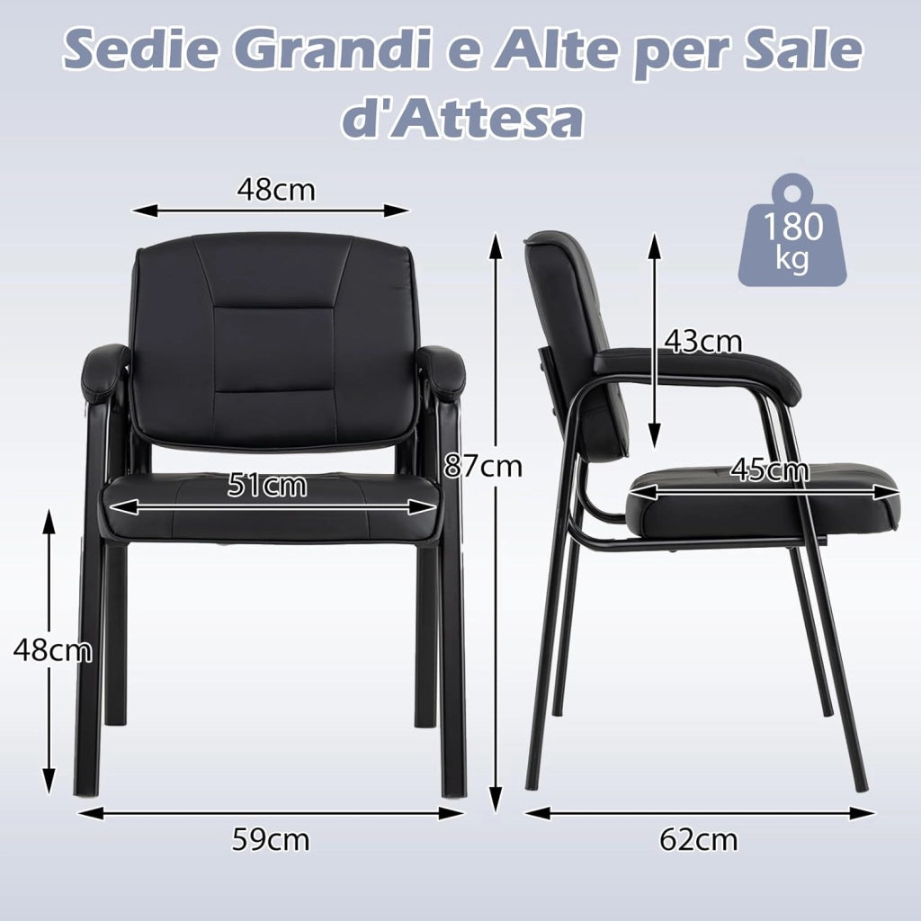 Set di 2 Sedie da Ufficio, Sedia per Sala d'Attesa con Struttura in Metallo, Braccioli Imbottiti, Sedia da Ospiti per Ufficio Riunioni, Portata 180kg (Nero)