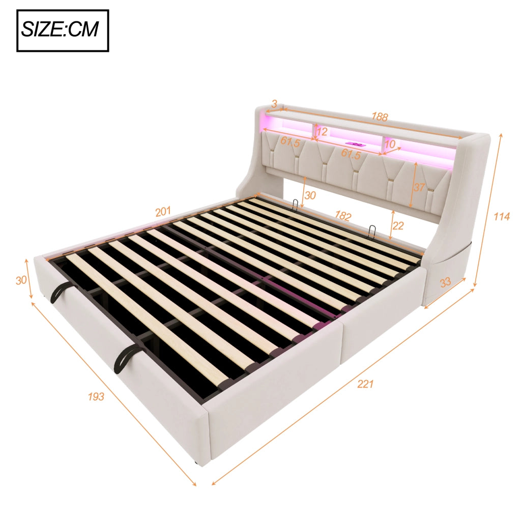 Letto Contenitore 180 × 200 cm 2 posti con USB, Type-C, LED e vani, senza materasso, in velluto, beige
