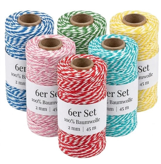 Set di corda decorativa a 6 colori - 45 metri di lunghezza - 2 mm di spessore - ideale per confezionare/creare - corda decorativa