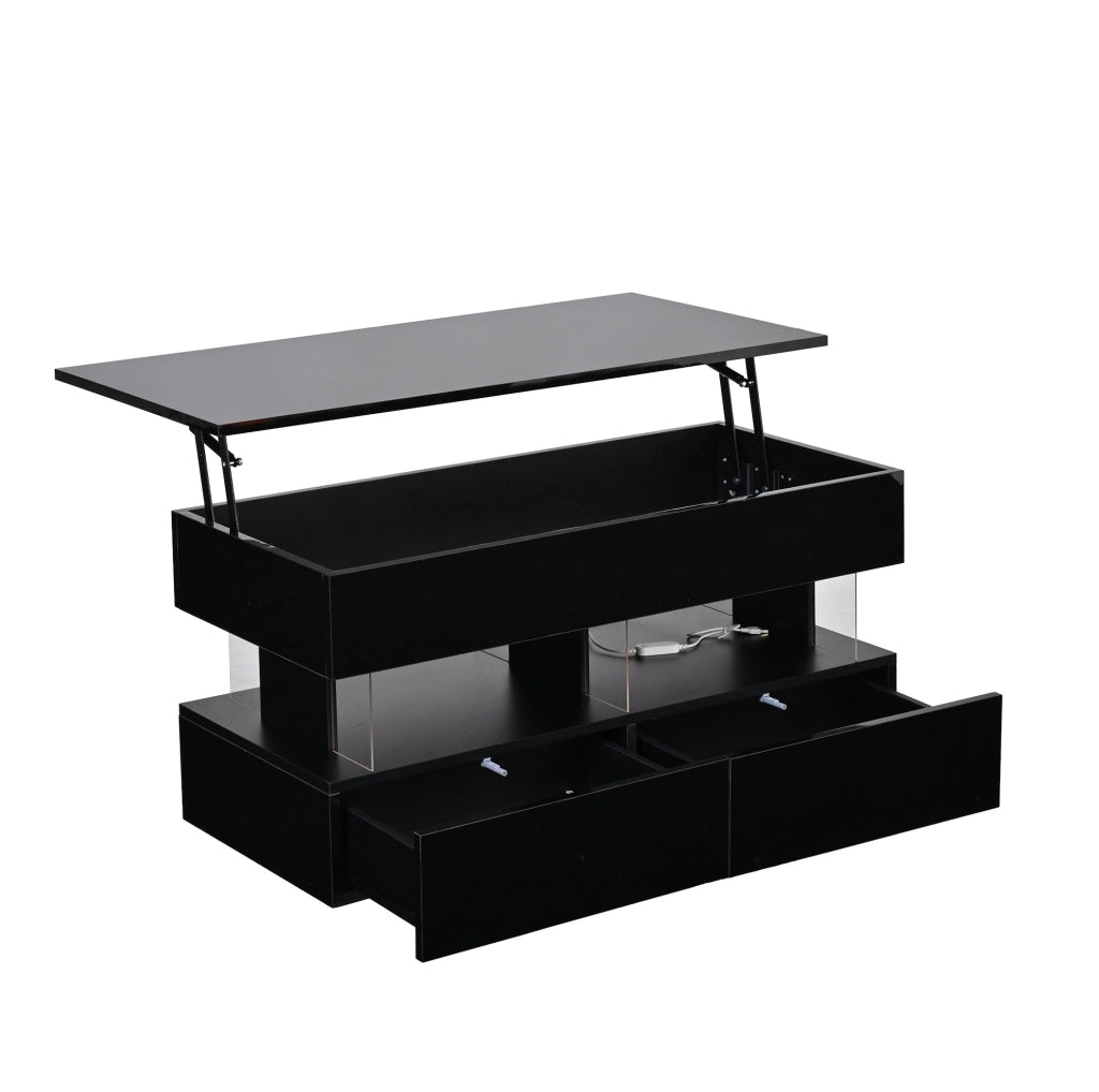Tavolino da caffè elevabile 100 x 50 x 46 cm nero in MDF con LED e 2 cassetti