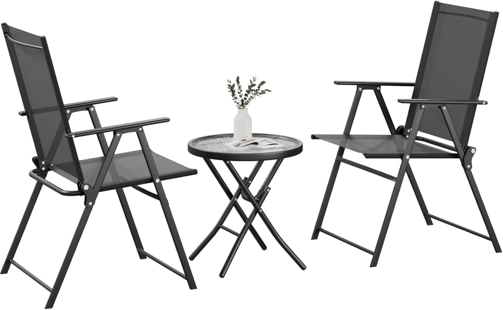 Set balcone 3 pezzi, Set Bistrot in metallo con 2 sedie pieghevoli e 1 tavolo pieghevole in vetro, Mobili da giardino pieghevoli,Gruppo di seduta per esterni per balcone piccolo,Nero