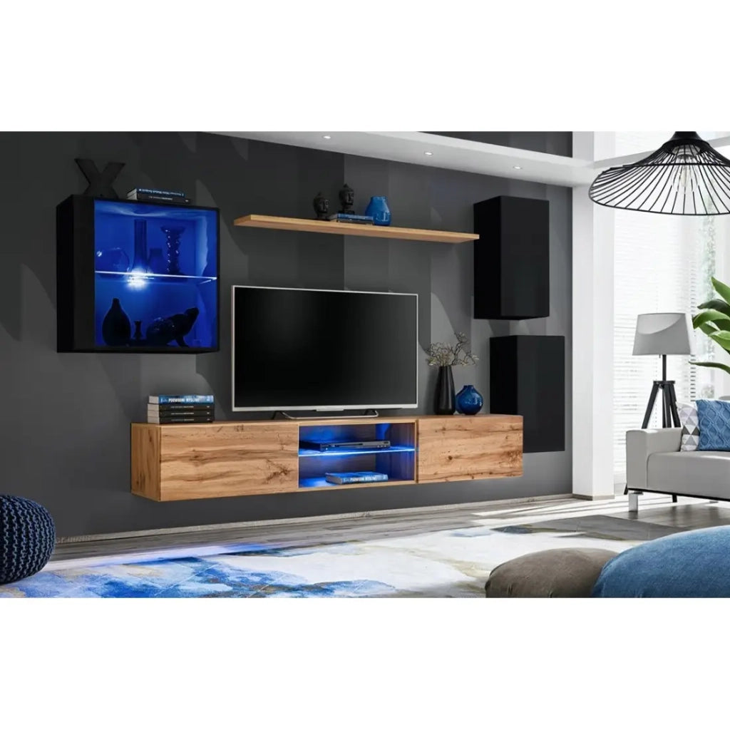 Set mobili da salotto SWITCH XXIII – LED – Nero e Rovere – Design sospeso