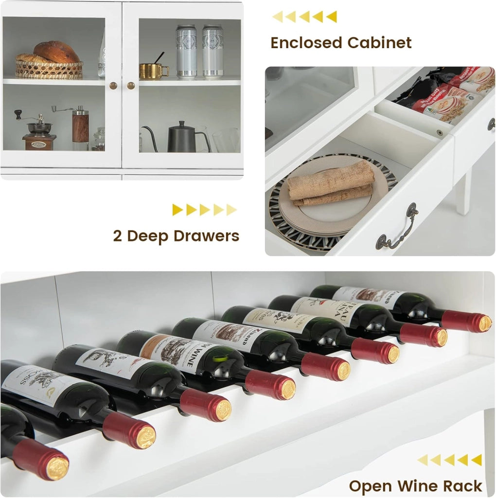 Credenza Soggiorno per Vino 8 Bottiglie, Credenza Cucina con 2 Ante in Vetro e 2 Cassetti, Mobile Ingresso, 90 x 40 x 126,5 cm, Bianco