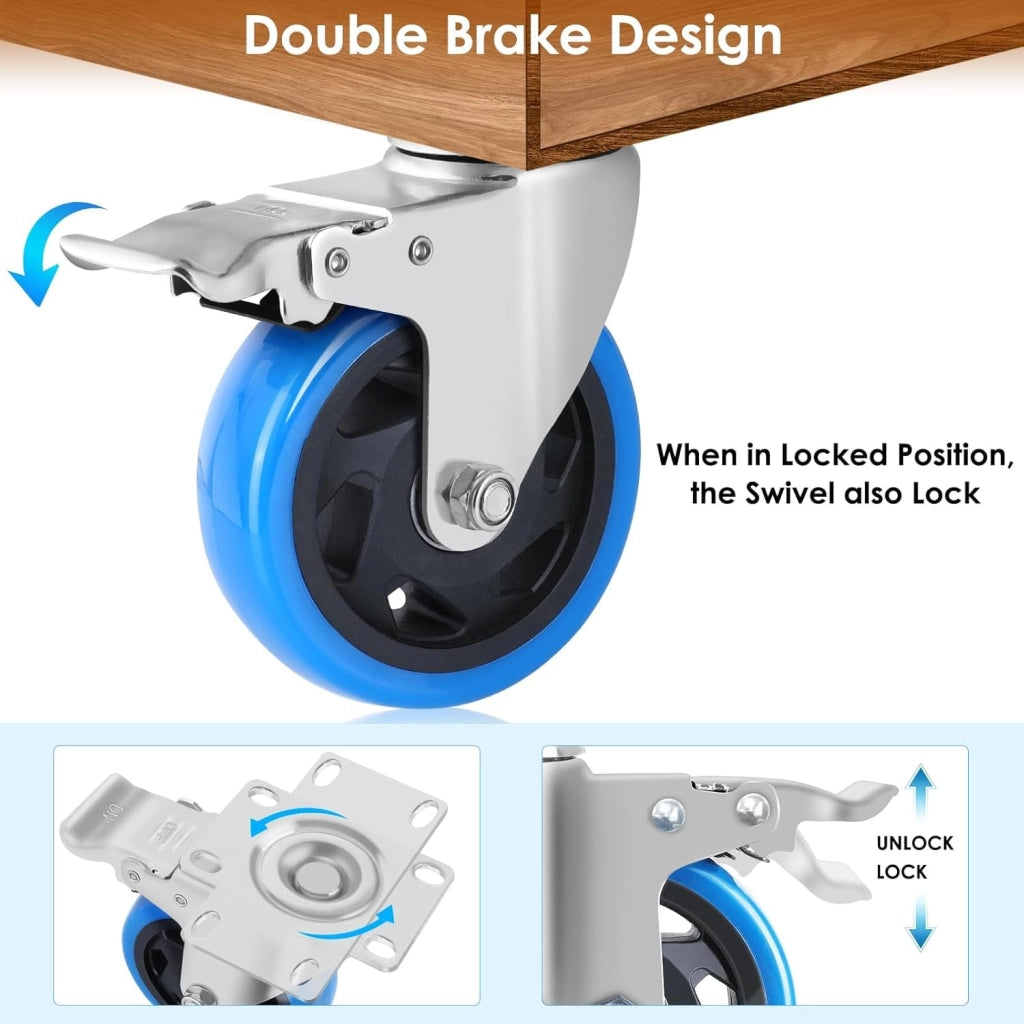 Ruote per Mobili 125/100 mm, Rotelle Pesanti con 4 Freno, Capacità 1200 kg, Ruote Girevoli a 360°, per Spostare Mobili Piccole, Trasporto di Mobili Industriale e Logistica, Set di 8 (Azul, 100 mm)