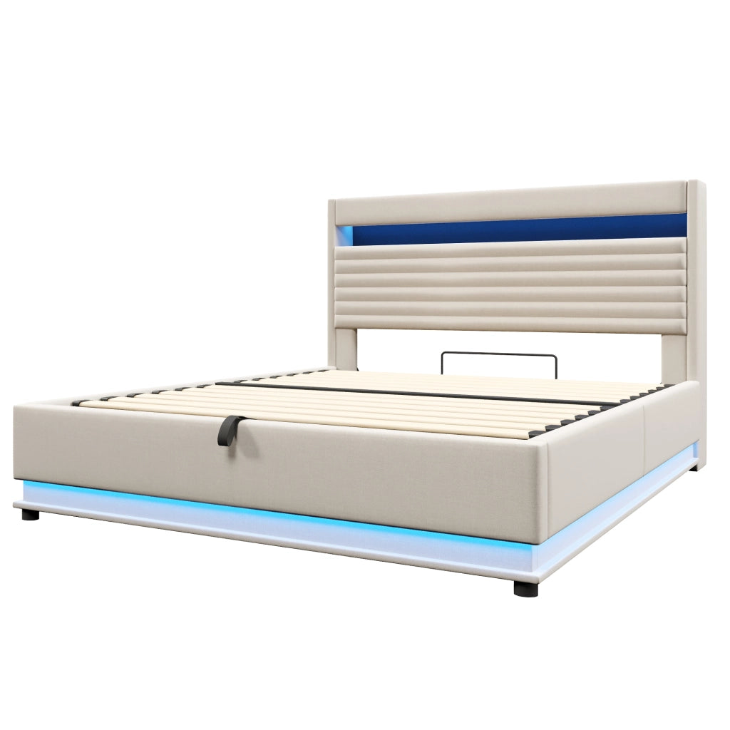 Letti contenitori 180x200 cm; contenitore idraulico con LED e USB; lino beige (Senza materasso)