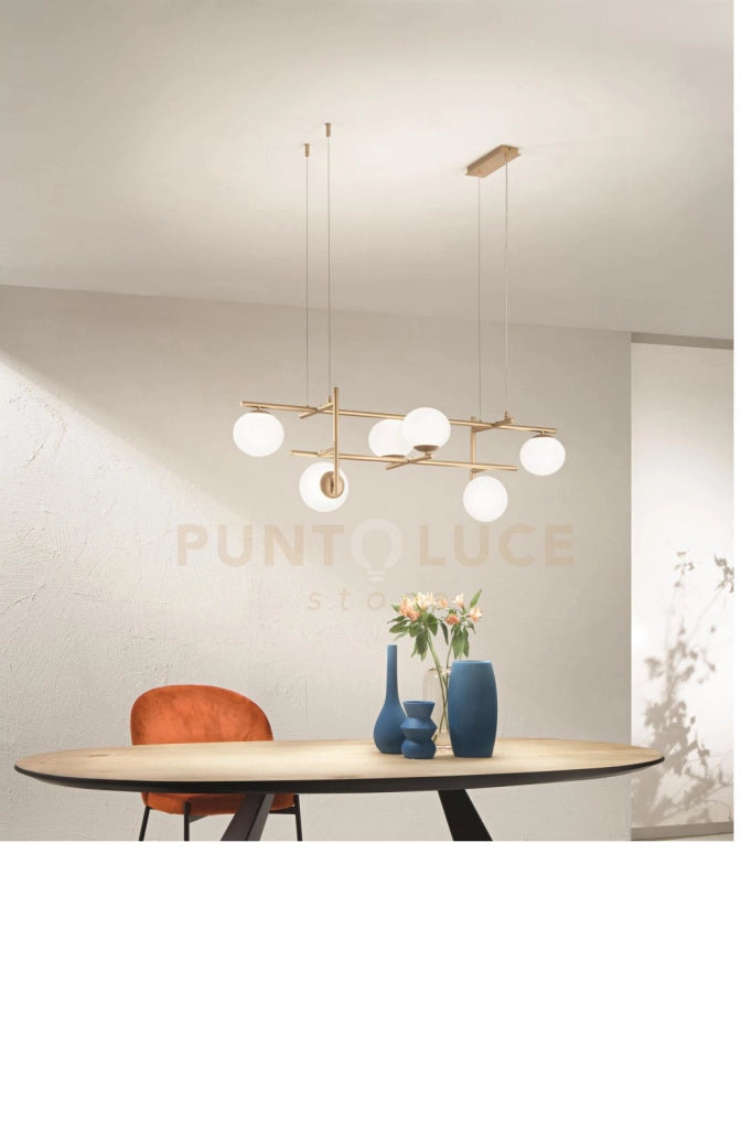 SOSPENSIONE JEWEL 6 LUCI ORO VETRO BIANCO SATINATO ATTACCO E14 VETRO D.15CM L.115CM RETTANGOLARE