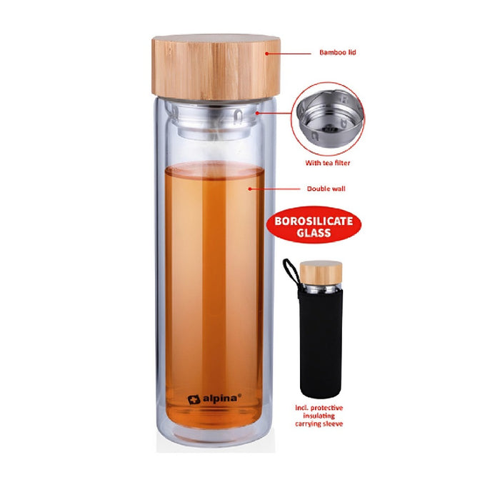 Bottiglia Termica con Filtro 450 ml Doppia Parete Manicotto Vetro Borosilicato