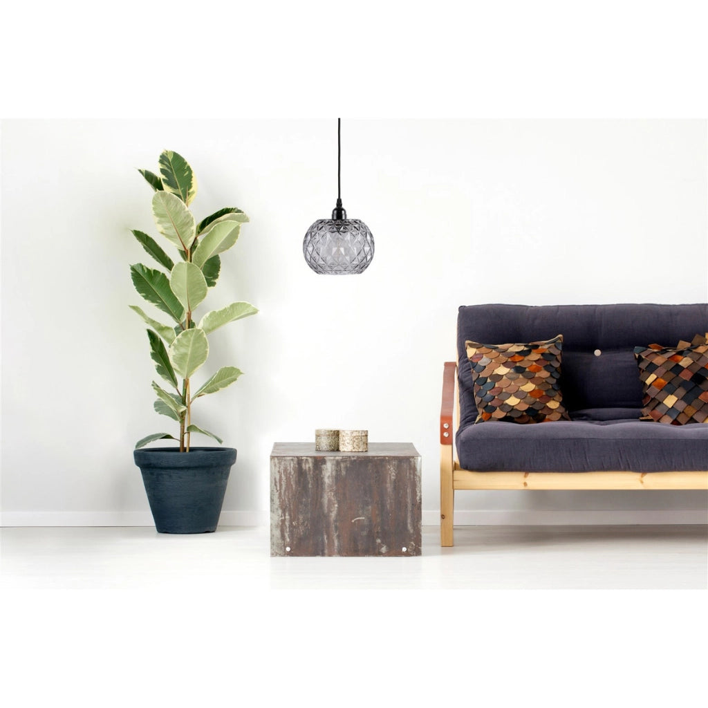 Lampada a sospensione Mia in vetro fume' e texture diamantata
