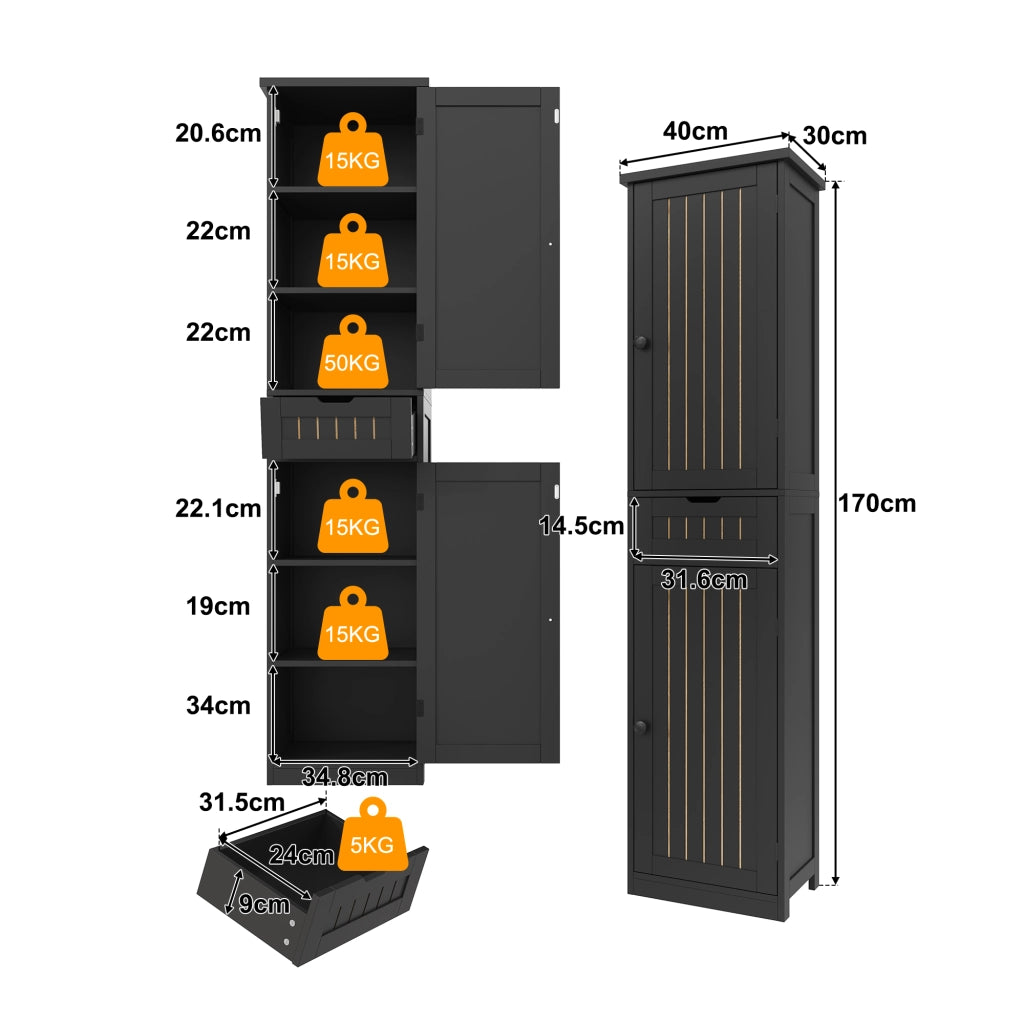Dispensa alta con 4 ripiani regolabili e 2 ante, stile retrò, per cucina e soggiorno, in MDF, nero, 40 × 30 × 170 cm