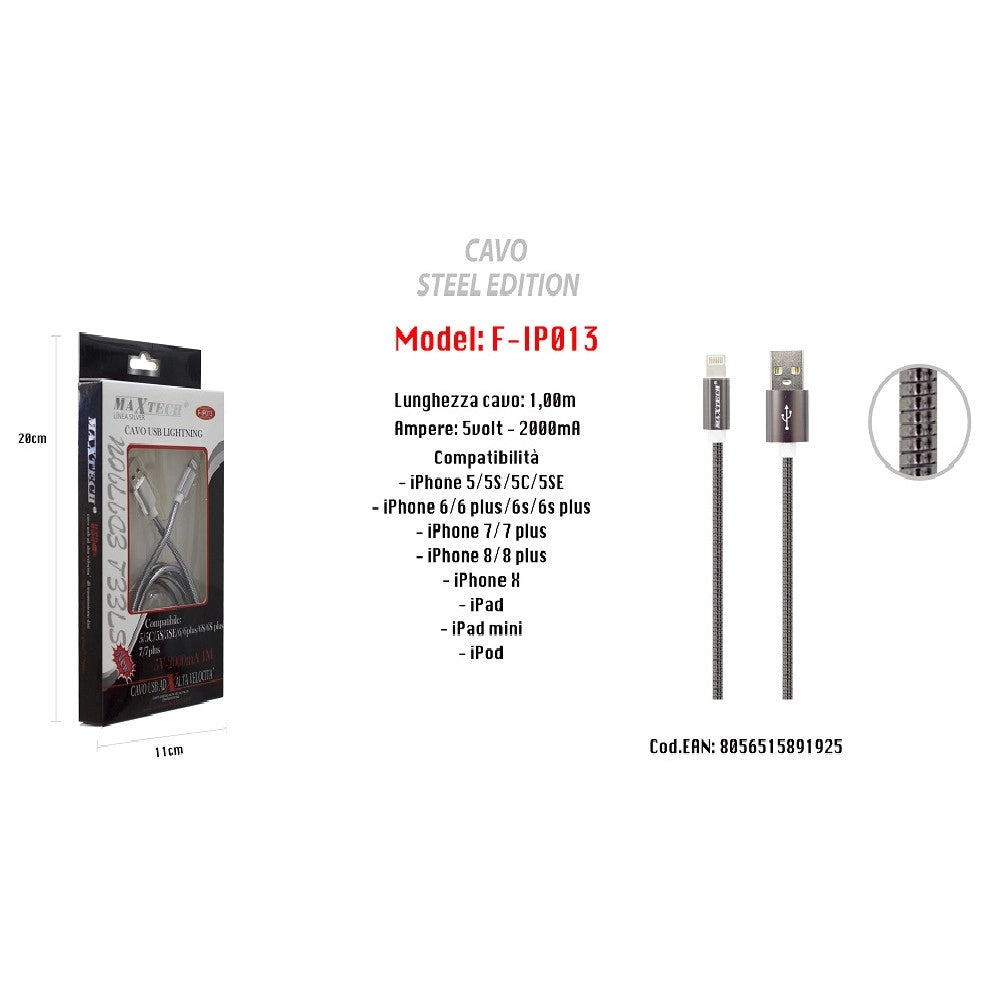 Trade Shop - Cavo Di Ricarica Per Iphone Ipad 5volt-2000ma 1mt Alta Velocità Usb Maxtech F-ip013 -