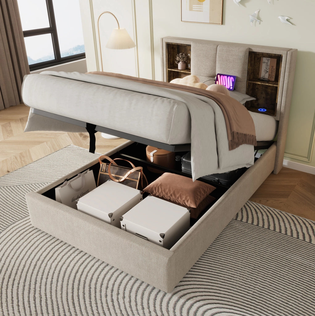 Letto imbottito 90x200 cm con ricarica wireless, USB e ampio contenitore