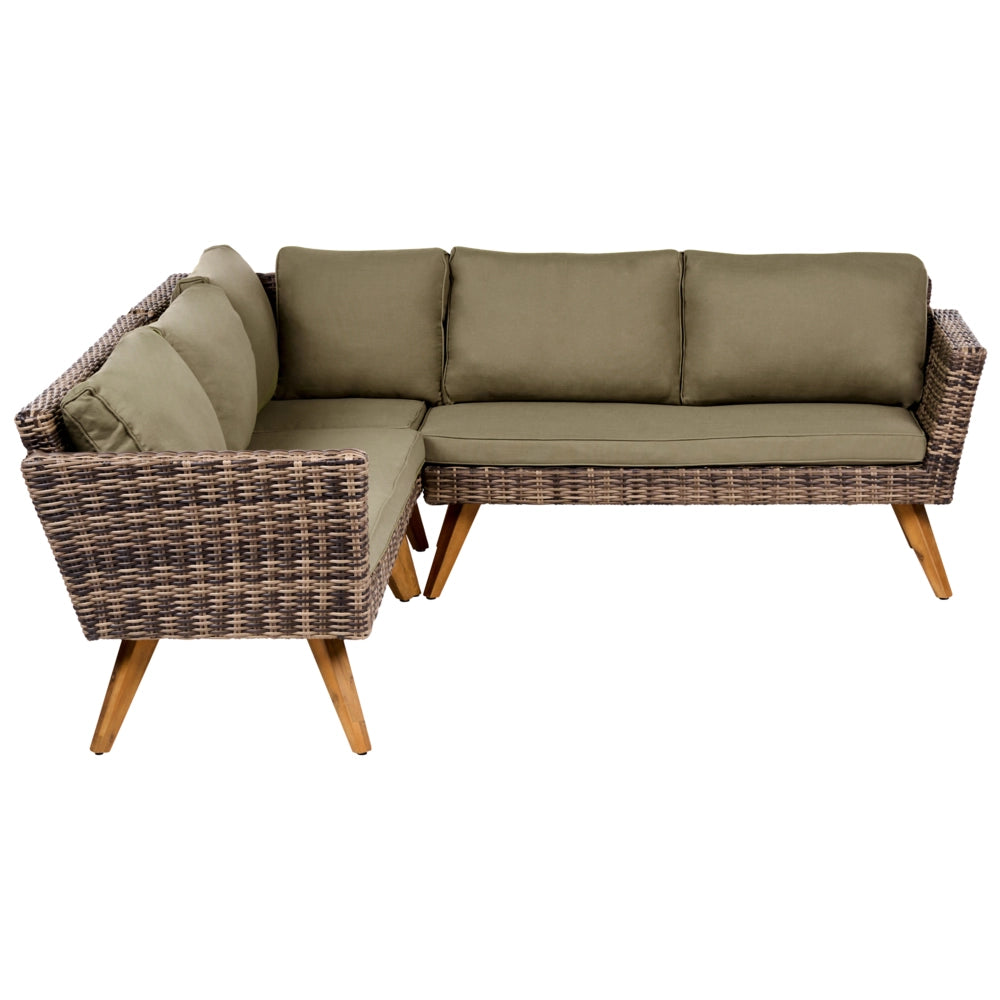 Set da giardino in rattan PE chiaro divano angolare 6 posti cuscini verde oliva tavolino da caffè stile country