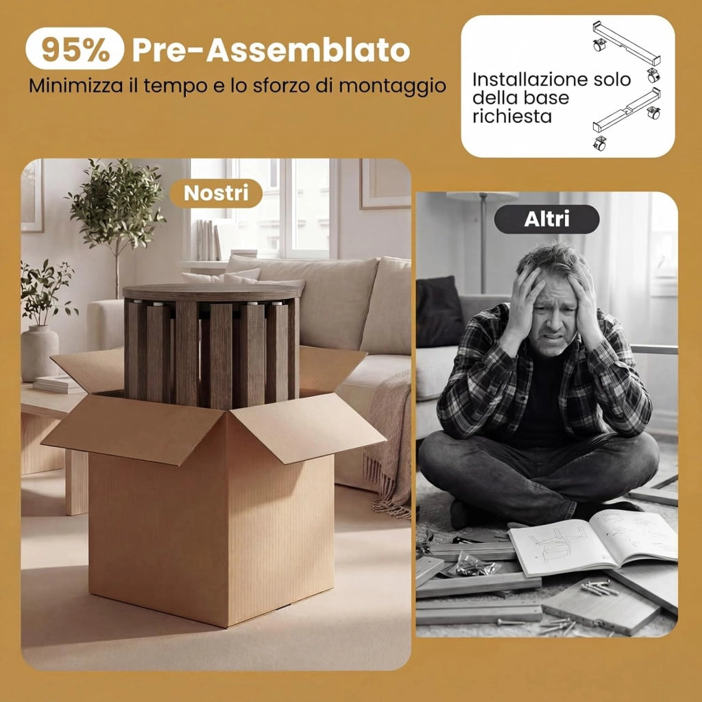 Set di 4 Sgabelli Impilabili 4 in 1, Sgabelli in Legno con Portavaso con Rotelle, 2 Grandi Ø36 cm e 2 Piccoli Ø35 cm, Tavolino Laterale Rotondo per Soggiorno e Camera da Letto (Marrone)