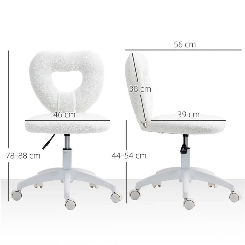 SEDIA DA UFFICIO IMBOTTITA CON SCHIENALE A CUORE E ROTELLE IN VELLUTO TEDDY E PLASTICA 45X56X78-88 CM BIANCO
