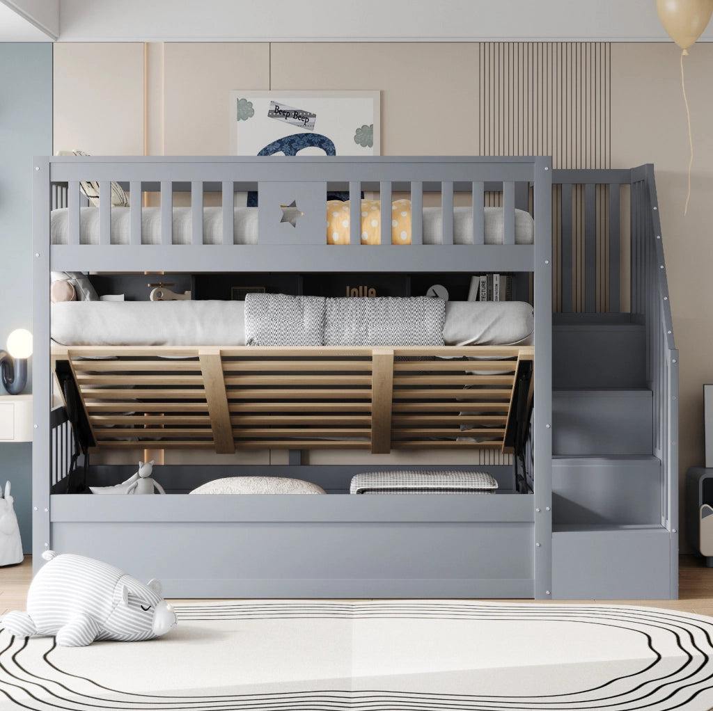 Letto a castello 90 x 200 cm grigio con vano idraulico, scala contenitore e ripiani