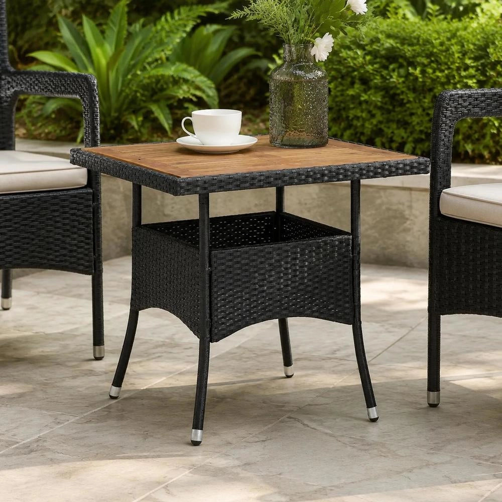 Garden Dining Table, Black Poly Rattan And Solid Acacia Wood