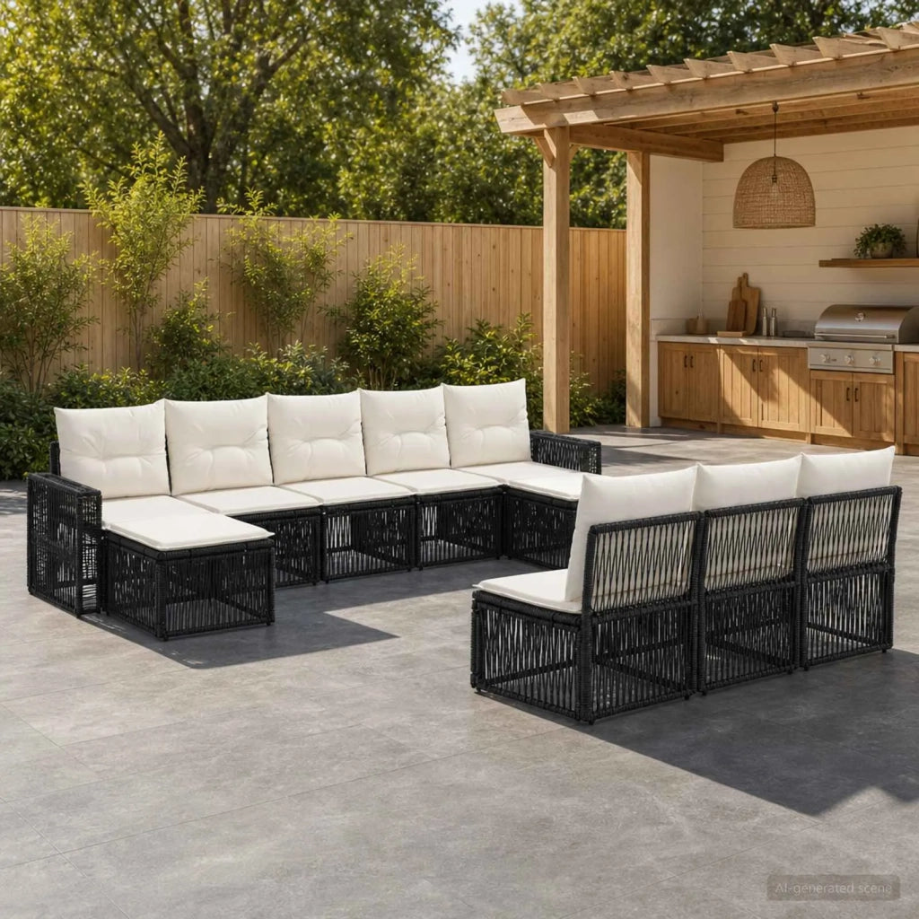 Set Divano da Giardino 10 pz Nero e Bianco Crema polyrattan 3435244