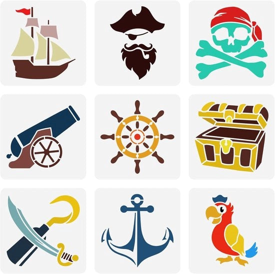 Set di Stencil Tema Pirata - 9pz - 15x15cm - Machete di Pirata scheletri - Sterzo in plastica uccelli parrocchi - Schema di Cassa Tesoro Stencil - Ancore riutilizzabili - per DIY