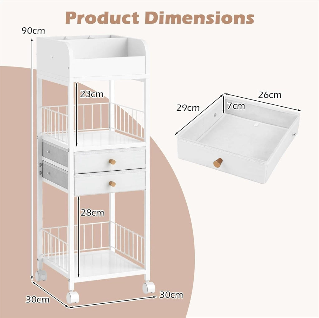 Carrello portaoggetti per cosmetici, organizer per trucchi, con 2 cassetti, 2 ripiani aperti e cubi, 4 ruote, 30 x 30 x 90 cm, carrello multifunzionale per bagno, camera da letto