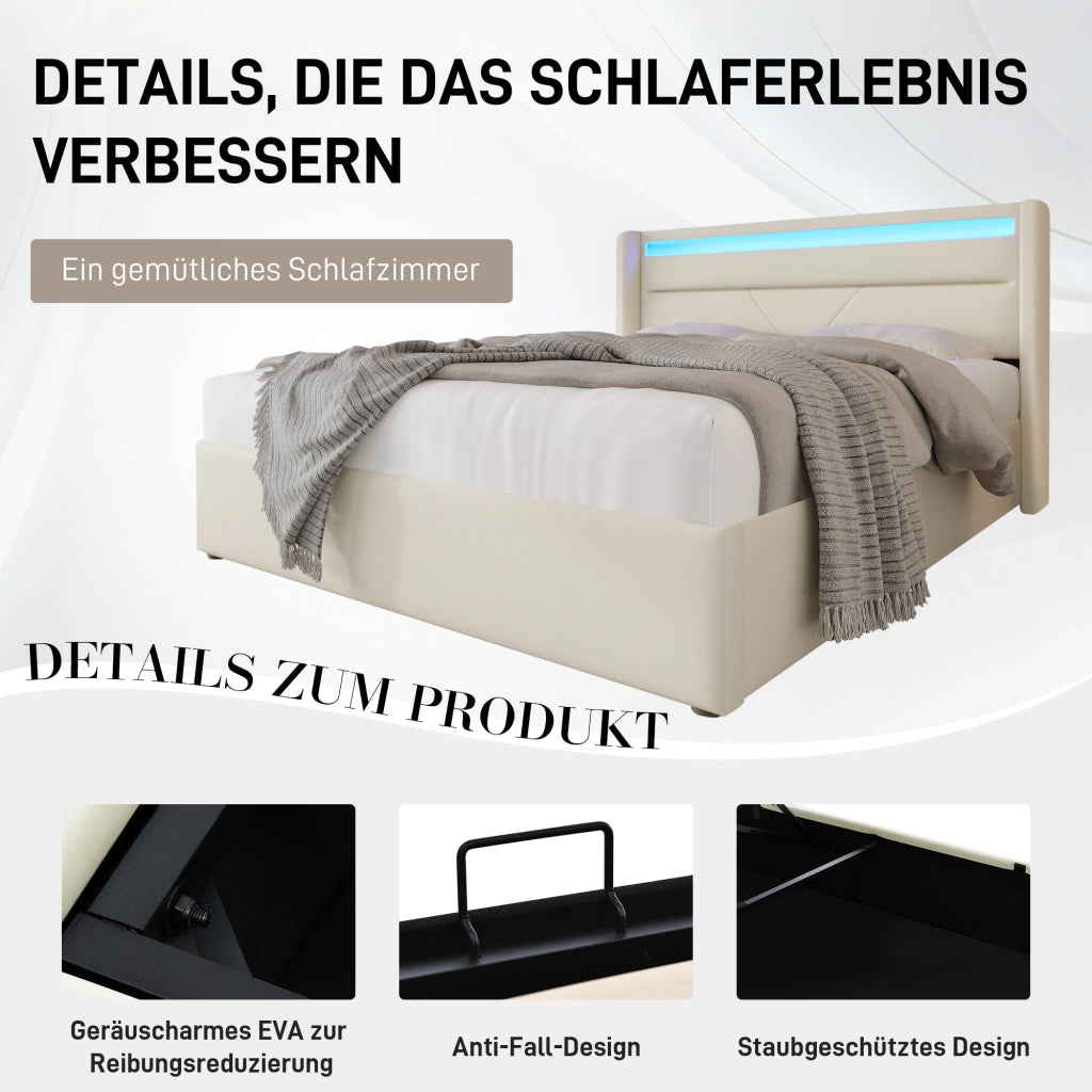 Letto Contenitore 140x200 cm; Letto Matrimoniale; LED con telecomando; in PU Bianco