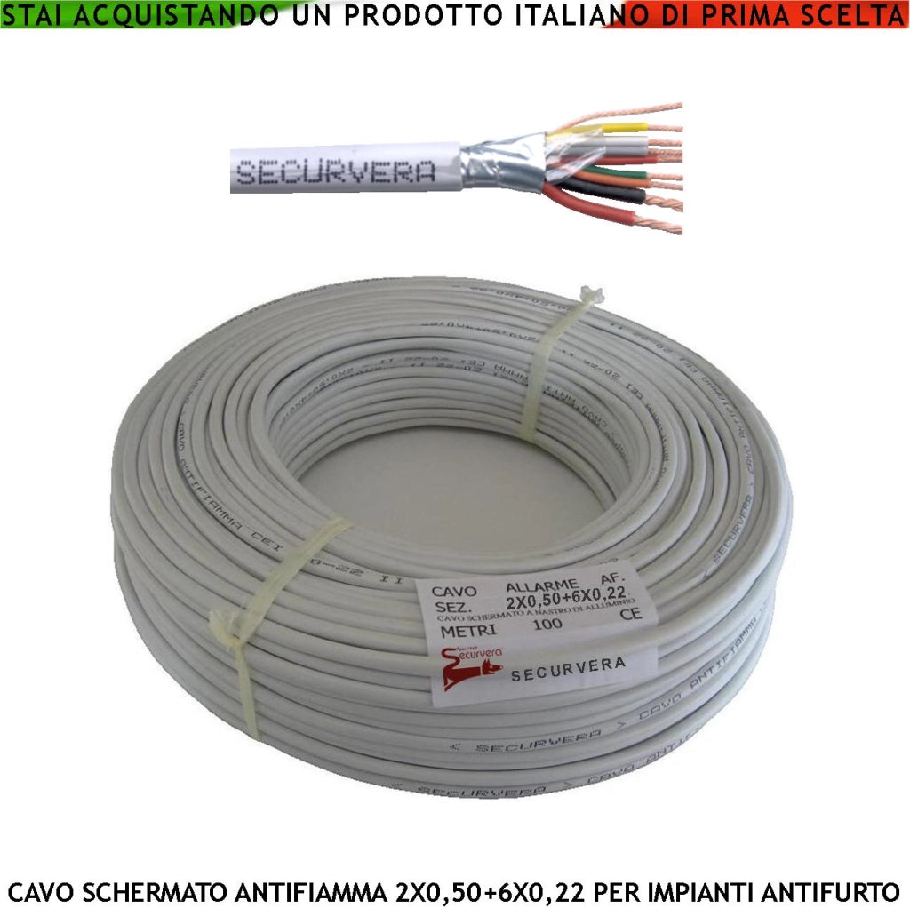 Cavo Schermato Flessibile Antifiamma 2X0,50+6X0,22 mm² Guaina PVC Bianco Prot. Alluminio/Poliestere Drenaggio Conduttore a Coppie Fili 7 Ø 0,19 mm Per Impianti di Allarme Antifurto Norma CEI 20/22-III