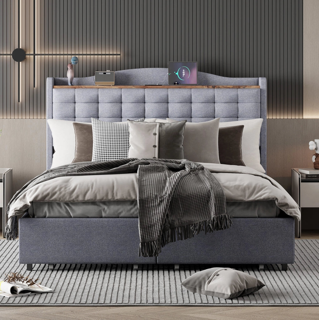 Letto matrimoniale imbottito 140x200 cm con USB; 4 cassetti; tessuto effetto lino grigio