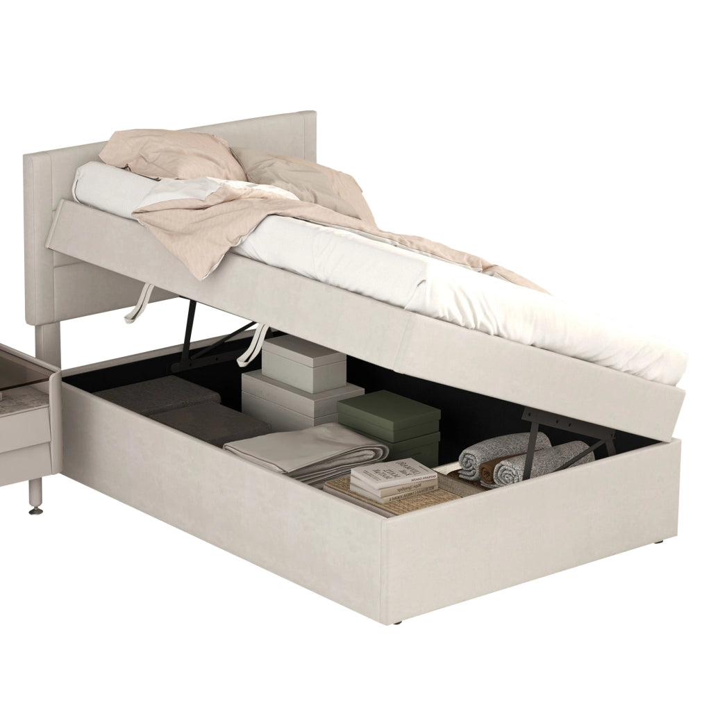 Letto singolo imbottito 90x200 cm con vano contenitore e rete a doghe; lino beige
