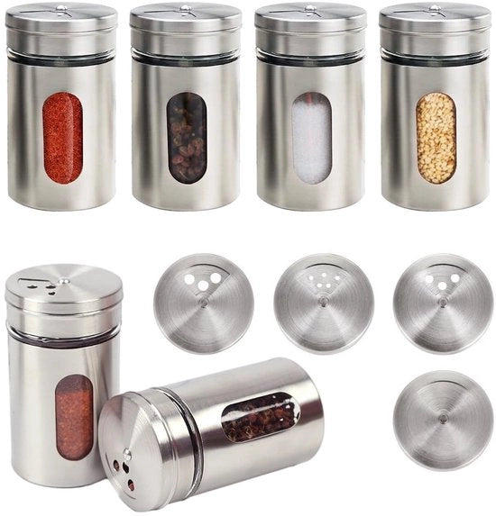 Set di contenitori per erbe - 6 pezzi - Bocchette rotonde per erbe - Acciaio inossidabile - 100 ml - Strettamente chiusi con finestra di osservazione