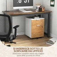 Cassettiera Ufficio a 2 Cassetti con Chiavi di Sicurezza e 5 Ruote, Legno, 42x40x60 cm, Bianco e Legno