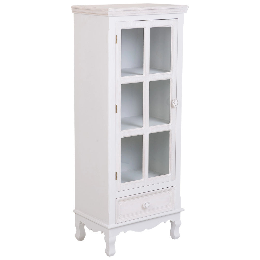 Vetrina in legno e vetro con 1 anta e 1 cassetto bianco 48x32x120