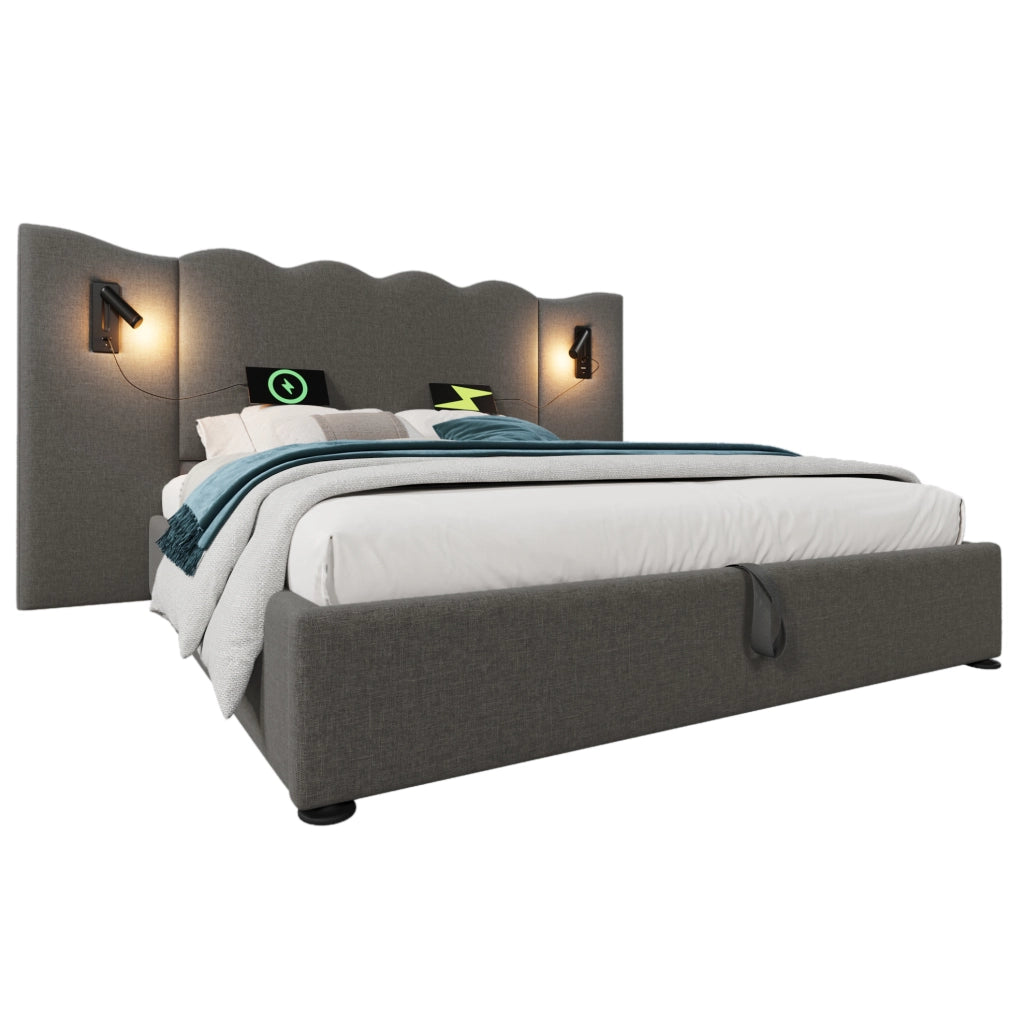Letto matrimoniale 160x200 cm in lino grigio con lampada da lettura; ricarica USB e contenitore