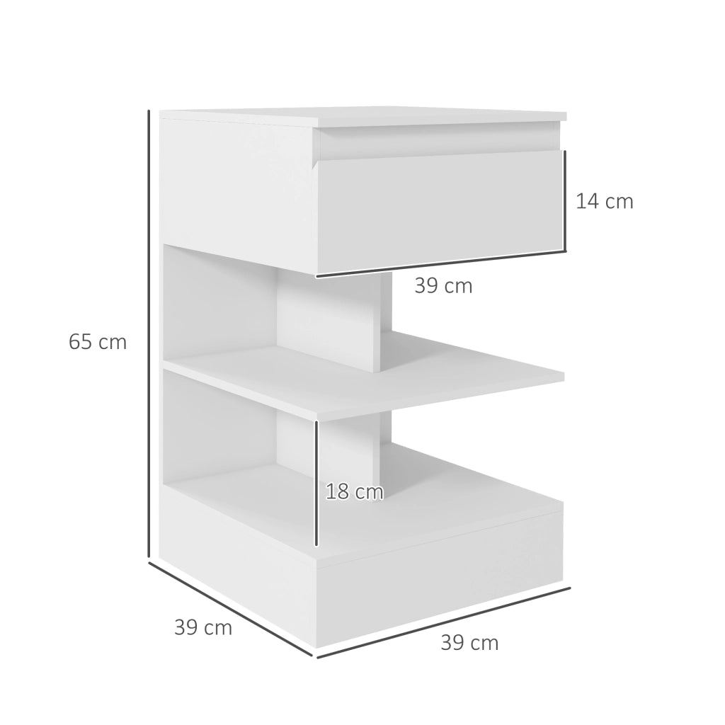 Comodino Moderno in Truciolato e MDF con un Cassetto e 2 Ripiani, 39x39x65 cm, Bianco