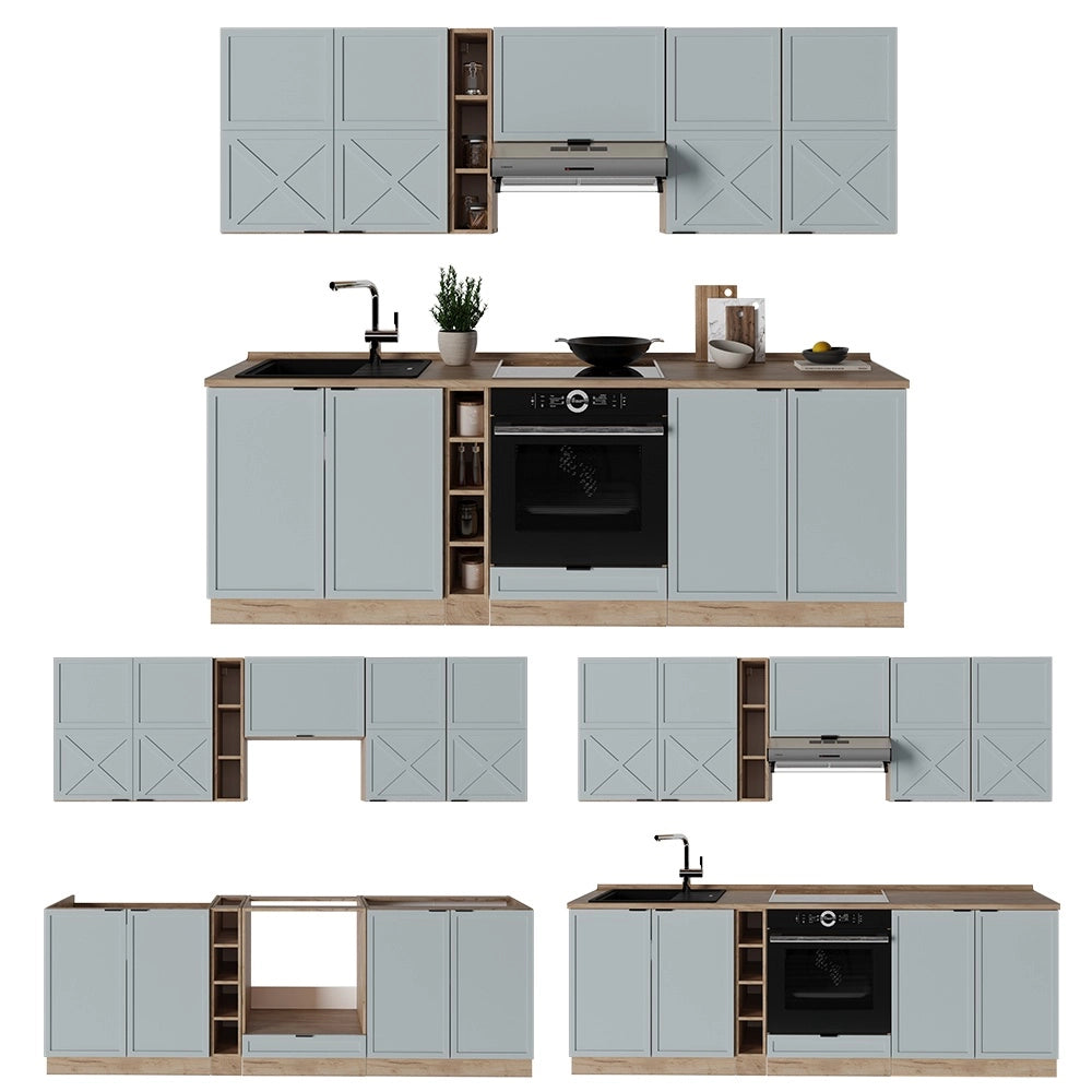Cucina componibile Fame-Line Blu-grigio chiaro/Rovere dorato 235 cm, PL Antracite Vicco