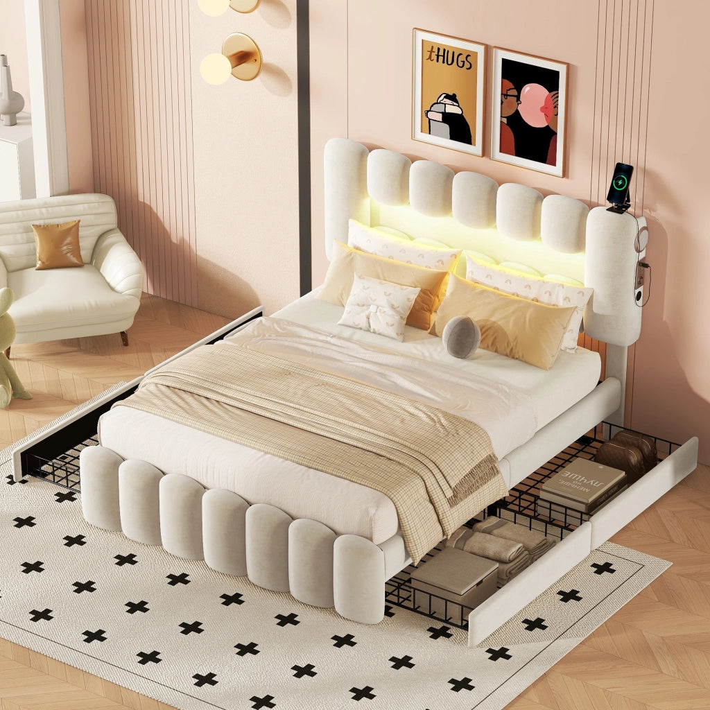 Letto con Cassetti 140×200 cm; Letto Matrimoniale con 4 Cassetti; USB; Altoparlanti e LED; senza Materasso; Beige