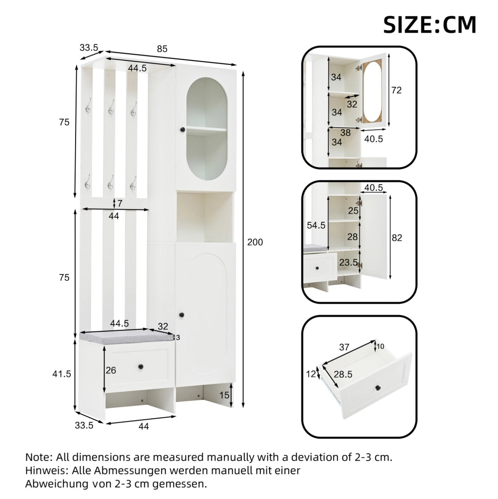 Armadio ingresso multifunzione 85 x 33;5 x 200 cm in truciolare bianco con ante in vetro temperato