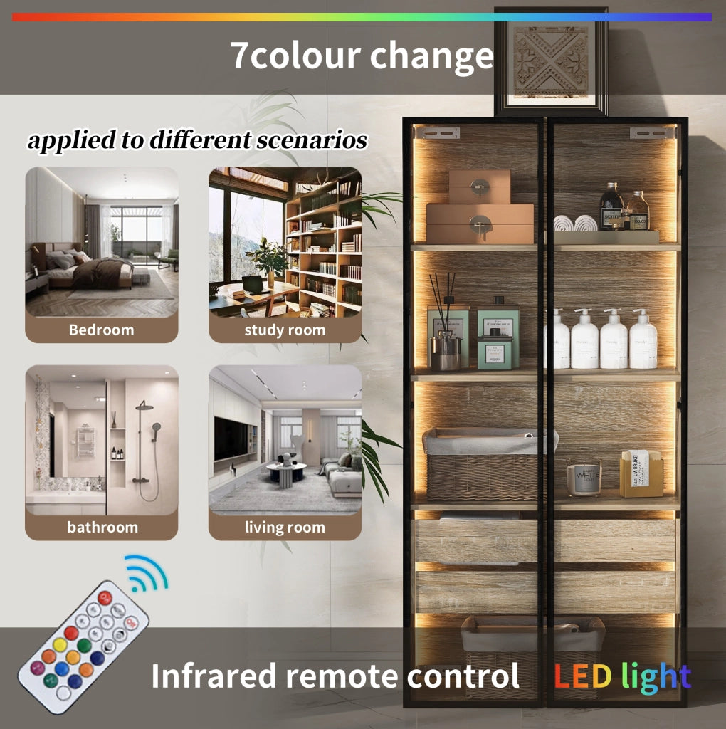 Mobile contenitore multifunzione con LED integrato; 73 cm; in MDF naturale e vetro satinato