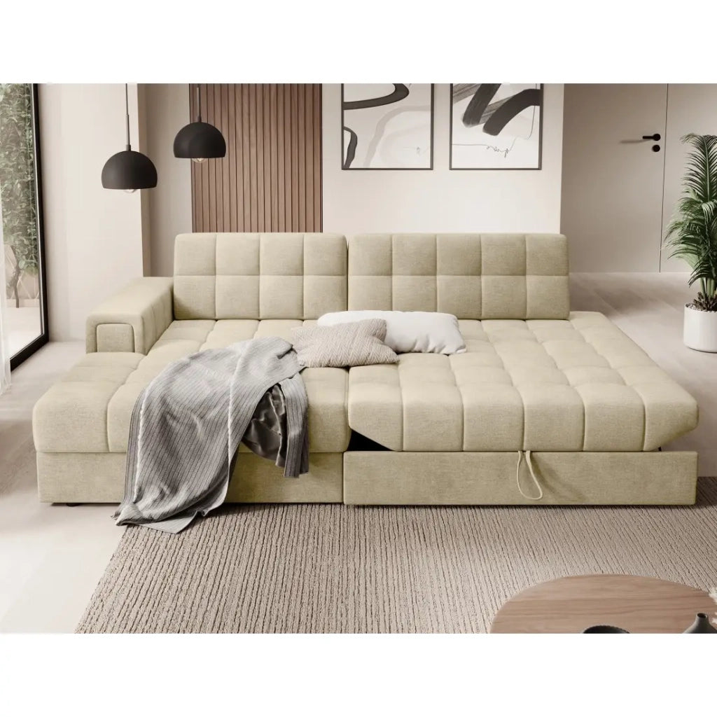 Divano angolare convertibile CUBITO beige 240 cm con contenitore e letto