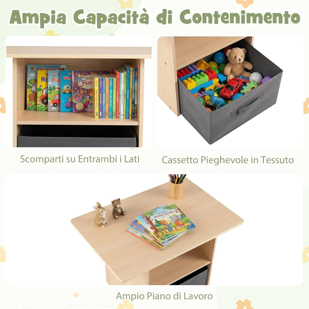 Set di Tavolo e 2 Sedie per Bambini 3+ Anni, Tavolo e 2 Sedie in Legno con Scomparti Doppio Lato e Cassetto Pieghevole in Tessuto, Ideale per Leggere, Giocare per Cameretta Bambini (Bianco)