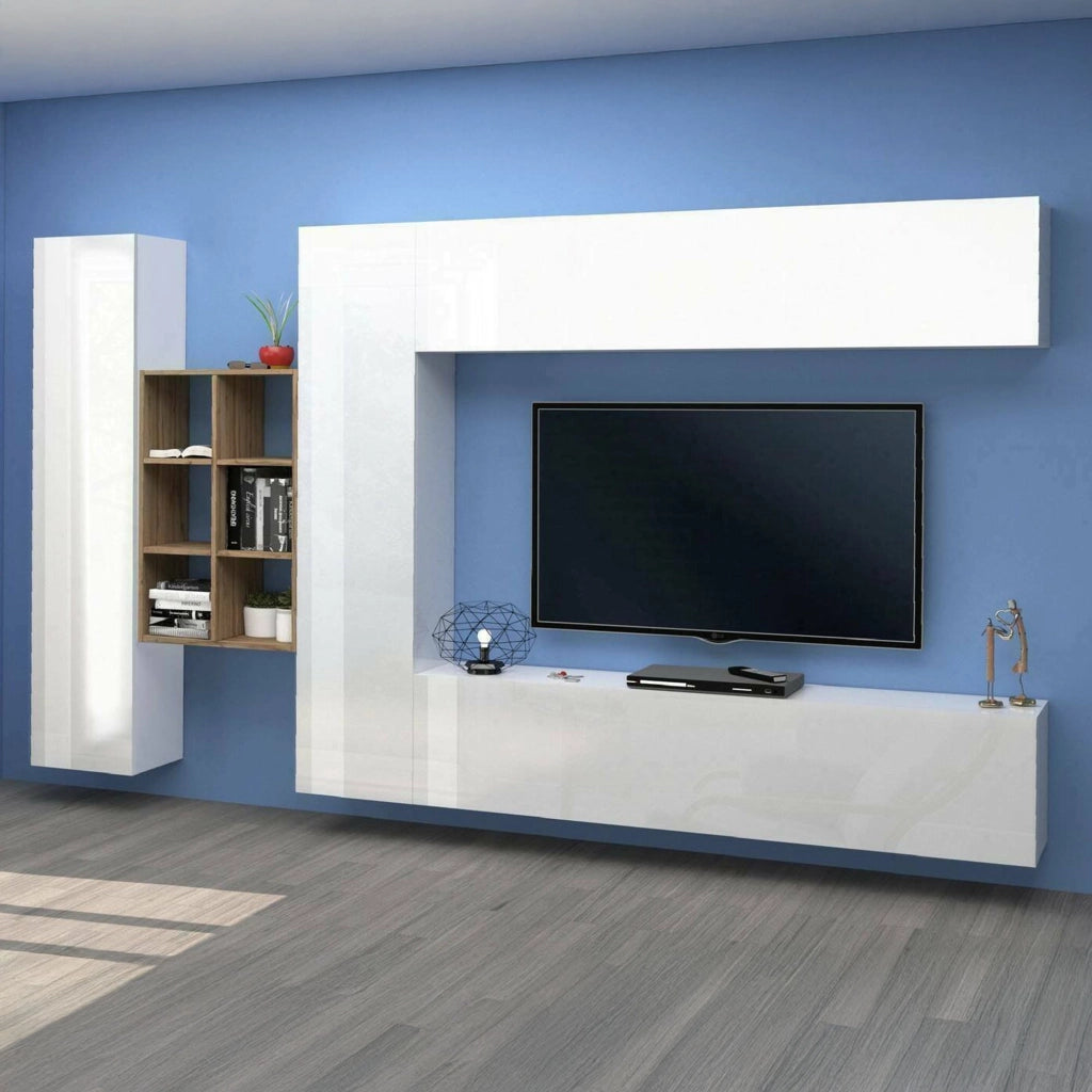 Parete attrezzata Agna, Set salotto porta TV a 4 ante, Mobile soggiorno multiuso, 100% Made in Italy, cm 280x30h180, Bianco lucido e Acero
