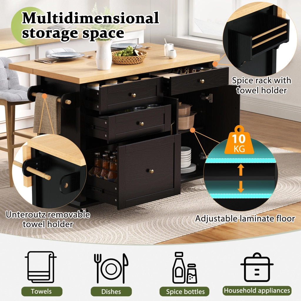 Carrello da Cucina con 2 Ante; Cassetti; Piano Estensibile; Portaasciugamani e Ruote in MDF 107 x 45-70 x 90.5 cm Nero e Naturale