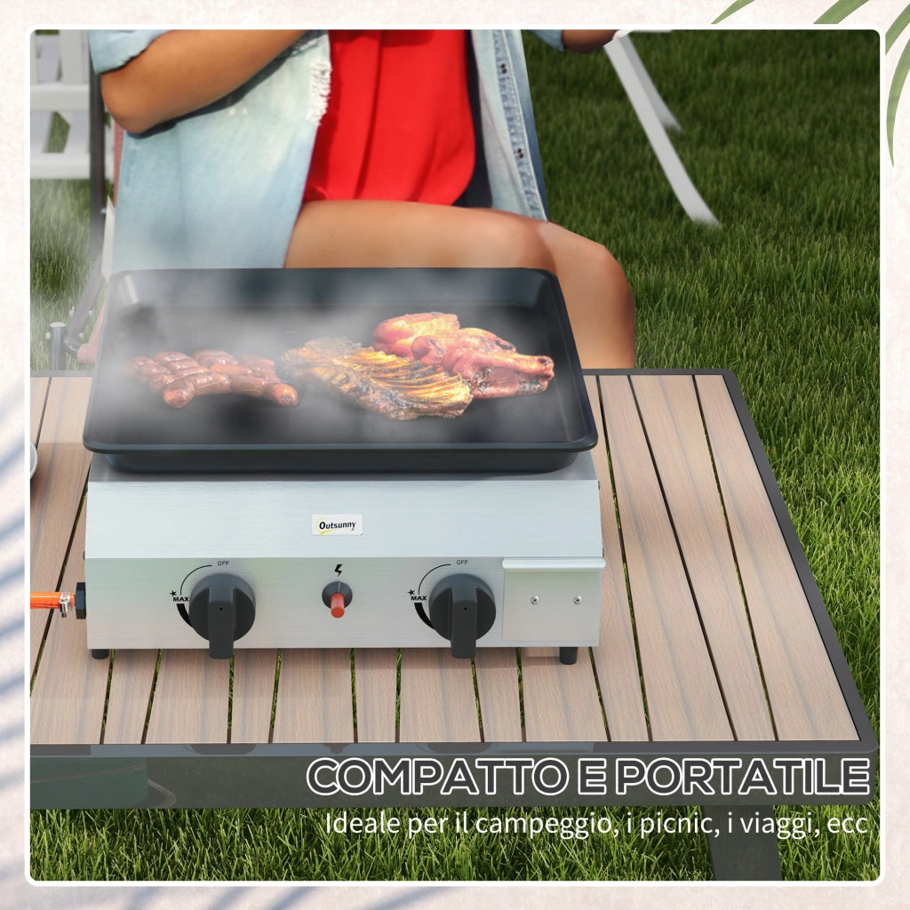 Piastra Barbecue a Gas con 2 Bruciatori, Piano Antiaderente e Potenza 4.8kw, Argento
